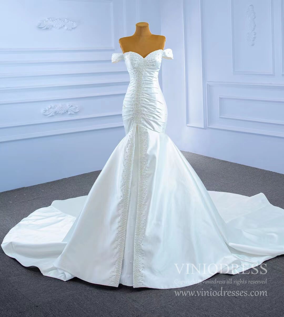 Off the Shoulder Mermaid Satin Wedding Dress with Pearls 67285-wedding dresses 2025 -Viniodress-As Picture-Custom Size-