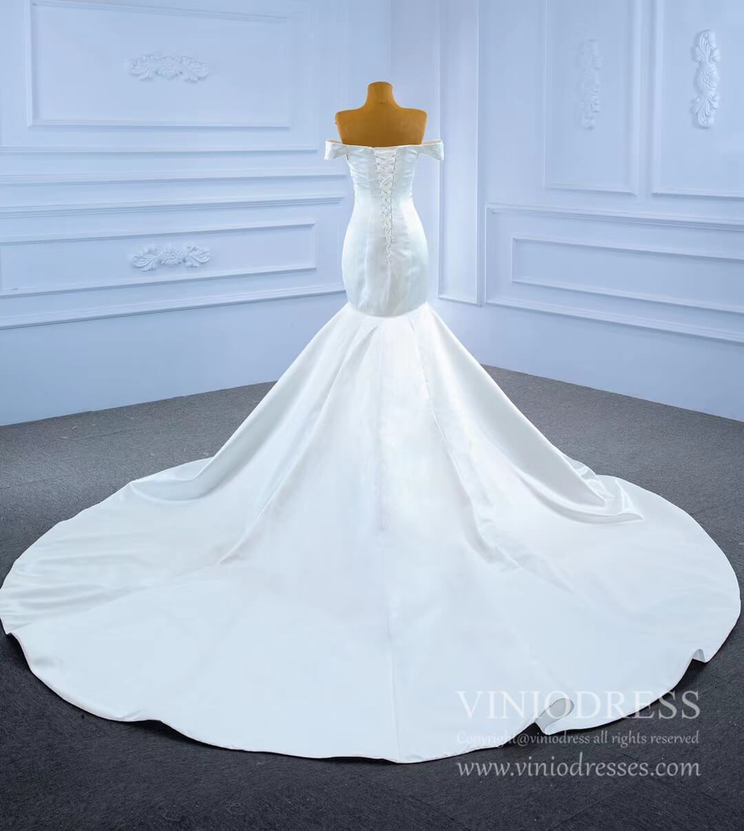 Off the Shoulder Mermaid Satin Wedding Dress with Pearls 67285-wedding dresses 2025 -Viniodress-As Picture-Custom Size-