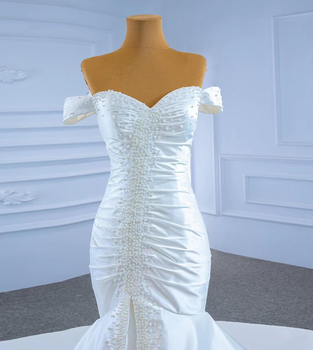 Off the Shoulder Mermaid Satin Wedding Dress with Pearls 67285-wedding dresses 2025 -Viniodress-As Picture-Custom Size-
