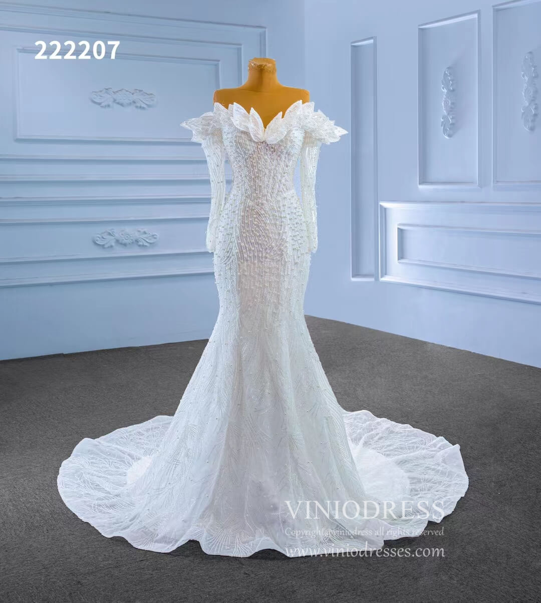 Off the Shoulder Mermaid Wedding Dresses with Long Sleeves 222207-wedding dresses 2025 -Viniodress-Ivory-Custom Size-
