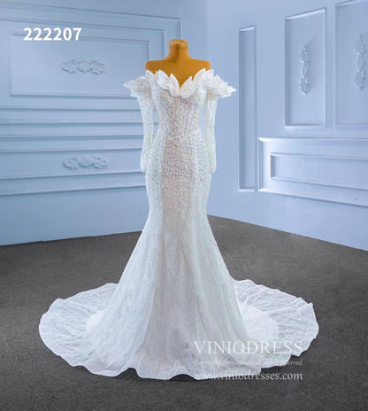 Off the Shoulder Mermaid Wedding Dresses with Long Sleeves 222207-wedding dresses 2025 -Viniodress-Ivory-Custom Size-
