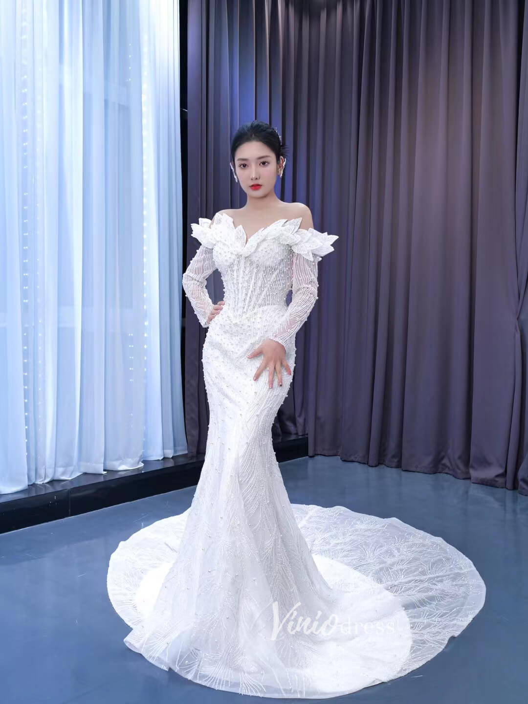 Off the Shoulder Mermaid Wedding Dresses with Long Sleeves 222207-wedding dresses 2025 -Viniodress-Ivory-Custom Size-