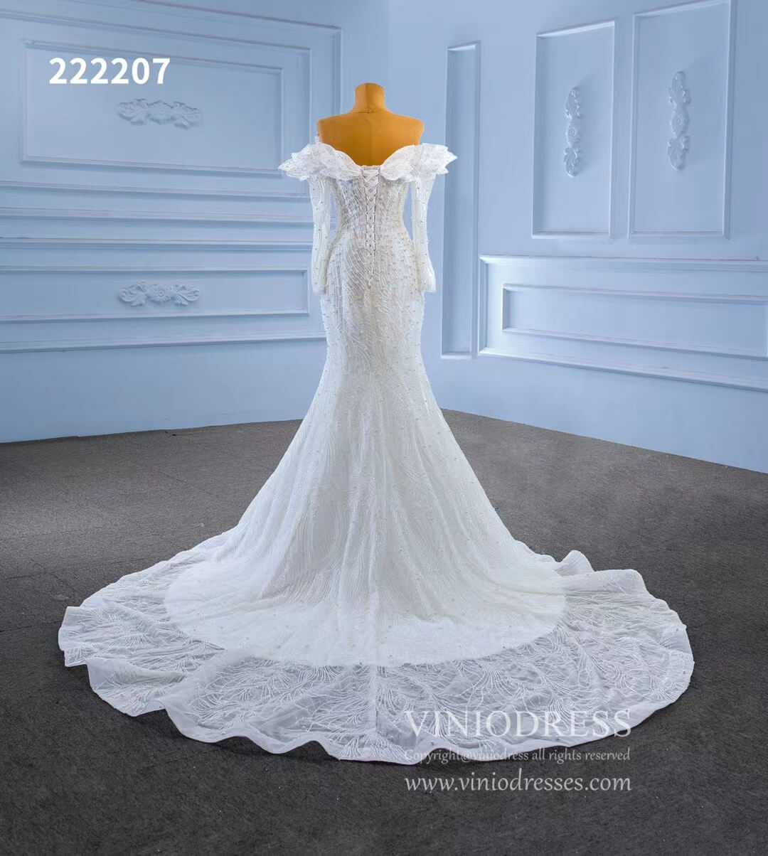 Off the Shoulder Mermaid Wedding Dresses with Long Sleeves 222207-wedding dresses 2025 -Viniodress-Ivory-Custom Size-