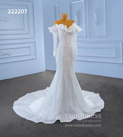 Off the Shoulder Mermaid Wedding Dresses with Long Sleeves 222207-wedding dresses 2025 -Viniodress-Ivory-Custom Size-