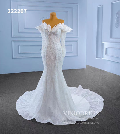 Off the Shoulder Mermaid Wedding Dresses with Long Sleeves 222207-wedding dresses 2025 -Viniodress-Ivory-Custom Size-