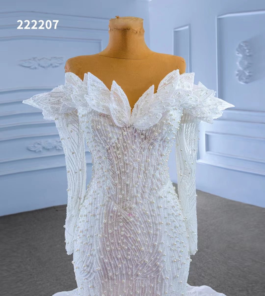 Off the Shoulder Mermaid Wedding Dresses with Long Sleeves 222207-wedding dresses 2025 -Viniodress-Ivory-Custom Size-