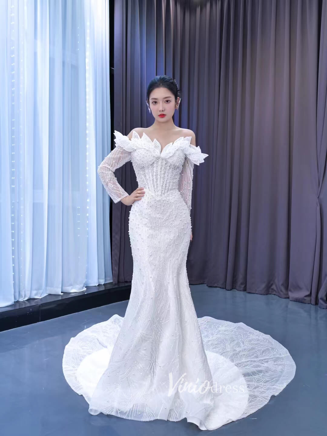Off the Shoulder Mermaid Wedding Dresses with Long Sleeves 222207-wedding dresses 2025 -Viniodress-Ivory-Custom Size-