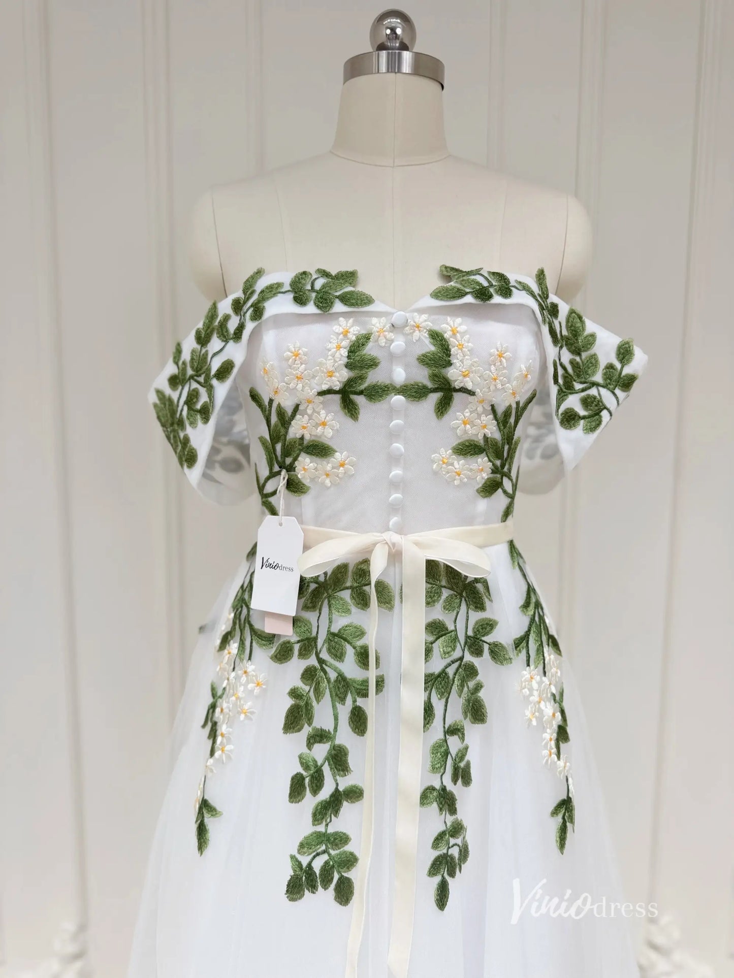 Off the Shoulder Midi Prom Dress Green Leaf Appliqued Prom Tea Length Dress FD1734-prom dresses 2025 -Viniodress-Ivory-Custom Size-