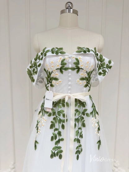 Off the Shoulder Midi Prom Dress Green Leaf Appliqued Prom Tea Length Dress FD1734-prom dresses 2025 -Viniodress-Ivory-Custom Size-