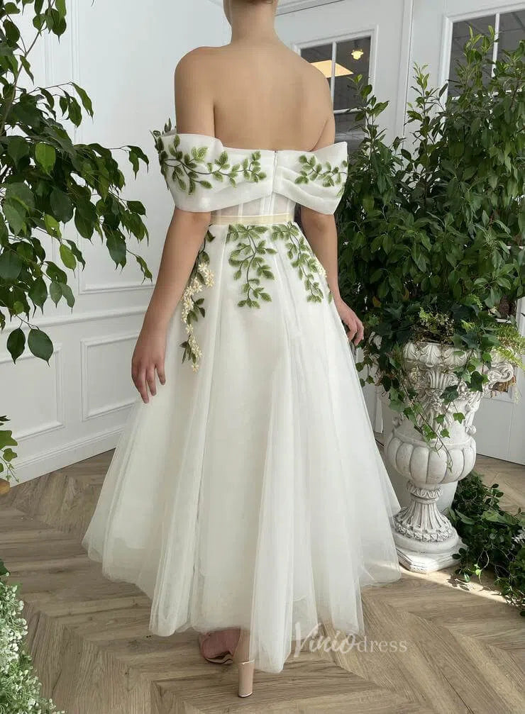 Off the Shoulder Midi Prom Dress Green Leaf Appliqued Prom Tea Length Viniodress Off the Shoulder Midi Prom Dress Green Leaf Appliqued Prom Tea Length Viniodress