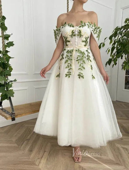 Off the Shoulder Midi Prom Dress Green Leaf Appliqued Prom Tea Length Dress FD1734-prom dresses 2025 -Viniodress-Ivory-Custom Size-