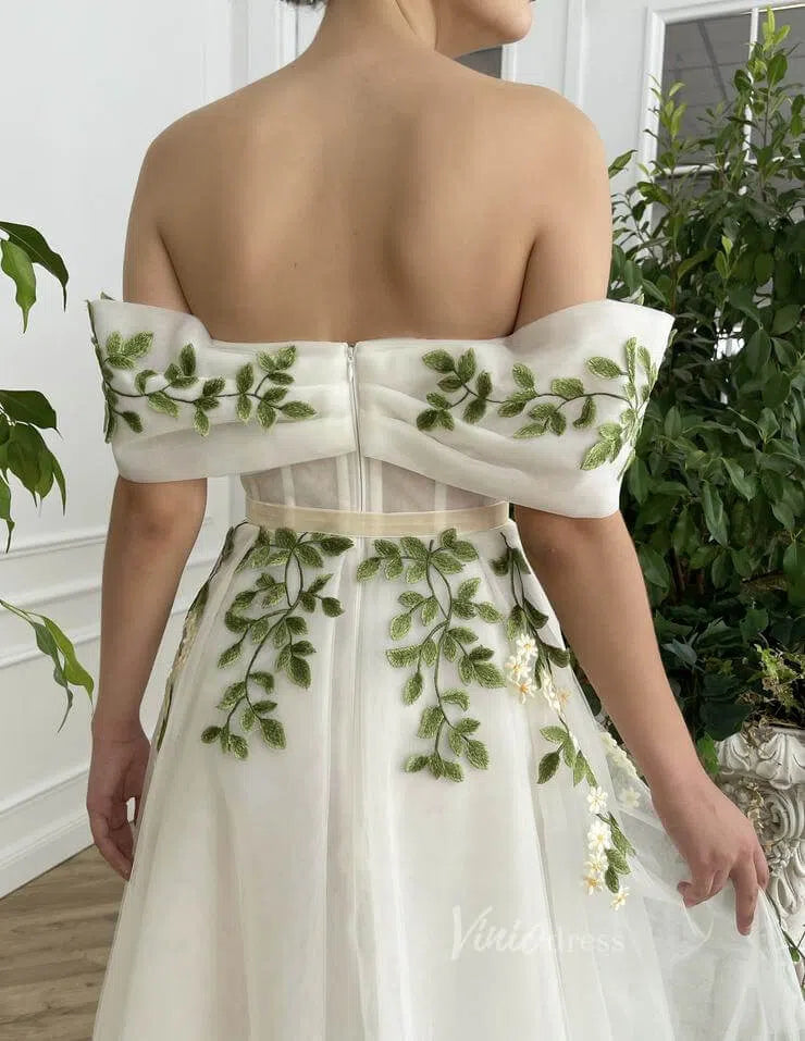 Off the Shoulder Midi Prom Dress Green Leaf Appliqued Prom Tea Length Dress FD1734-prom dresses 2025 -Viniodress-Ivory-Custom Size-
