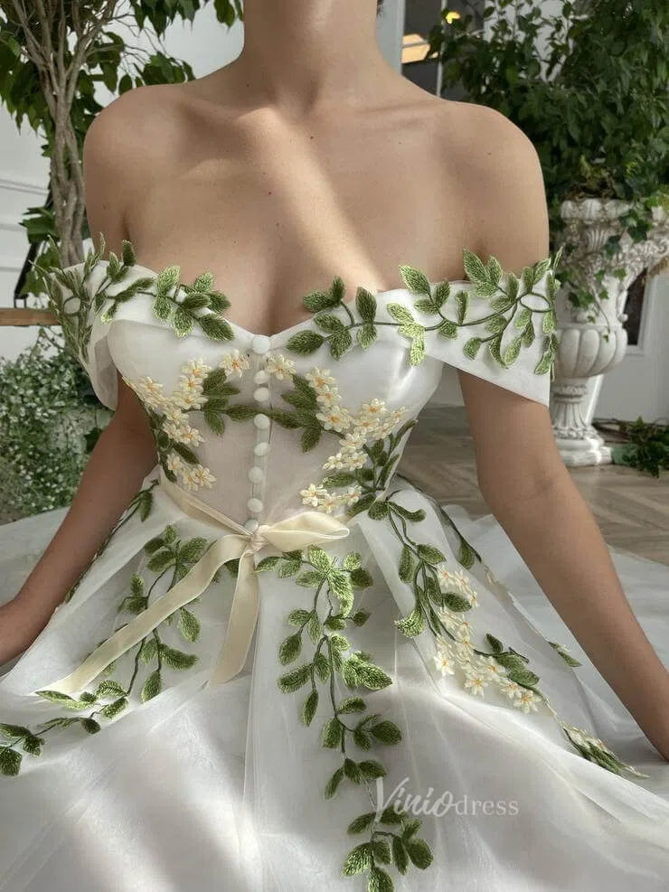 Off the Shoulder Midi Prom Dress Green Leaf Appliqued Prom Tea Length Dress FD1734-prom dresses 2025 -Viniodress-Ivory-Custom Size-