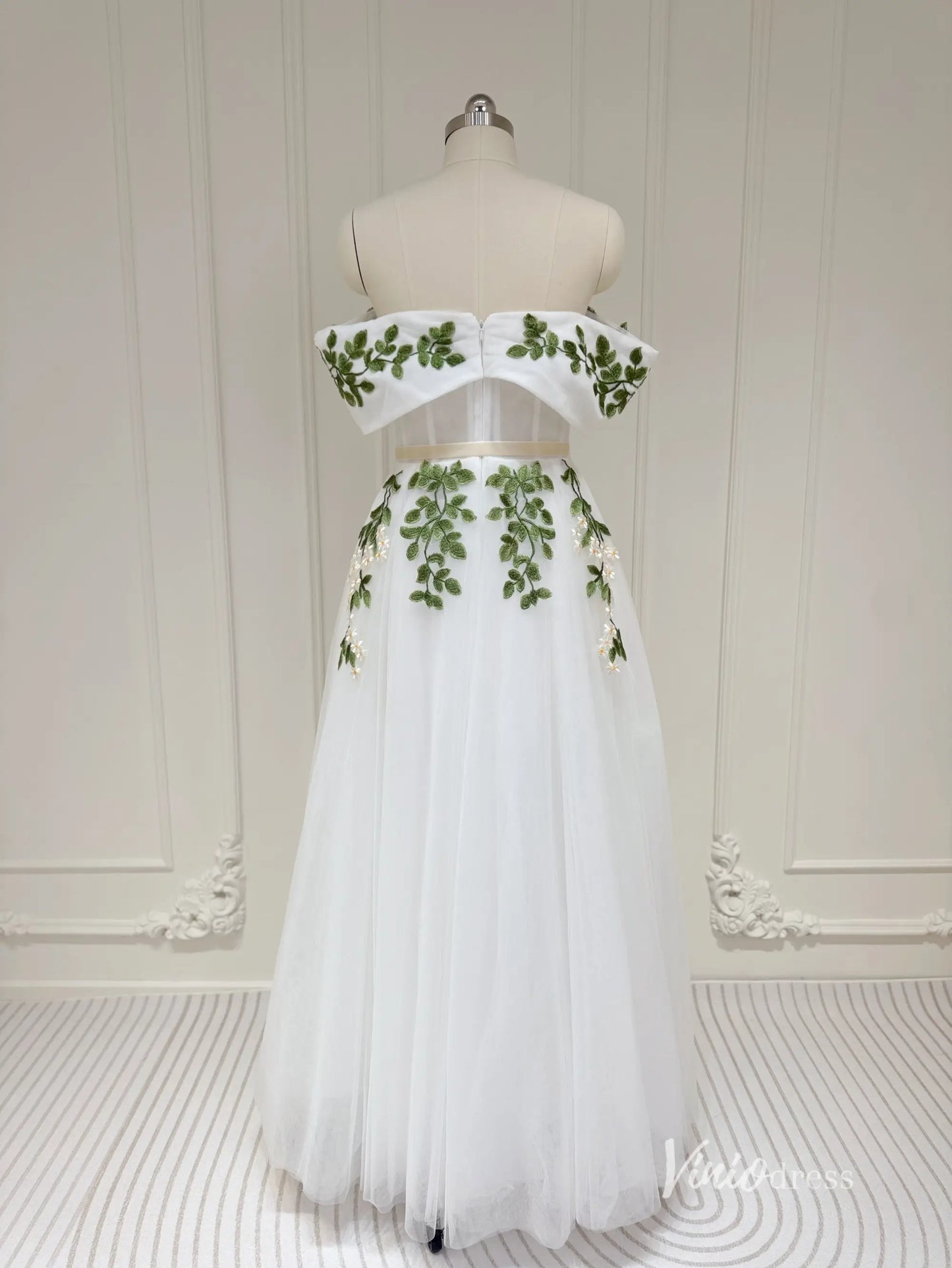Off the Shoulder Midi Prom Dress Green Leaf Appliqued Prom Tea Length Dress FD1734-prom dresses 2025 -Viniodress-Ivory-Custom Size-