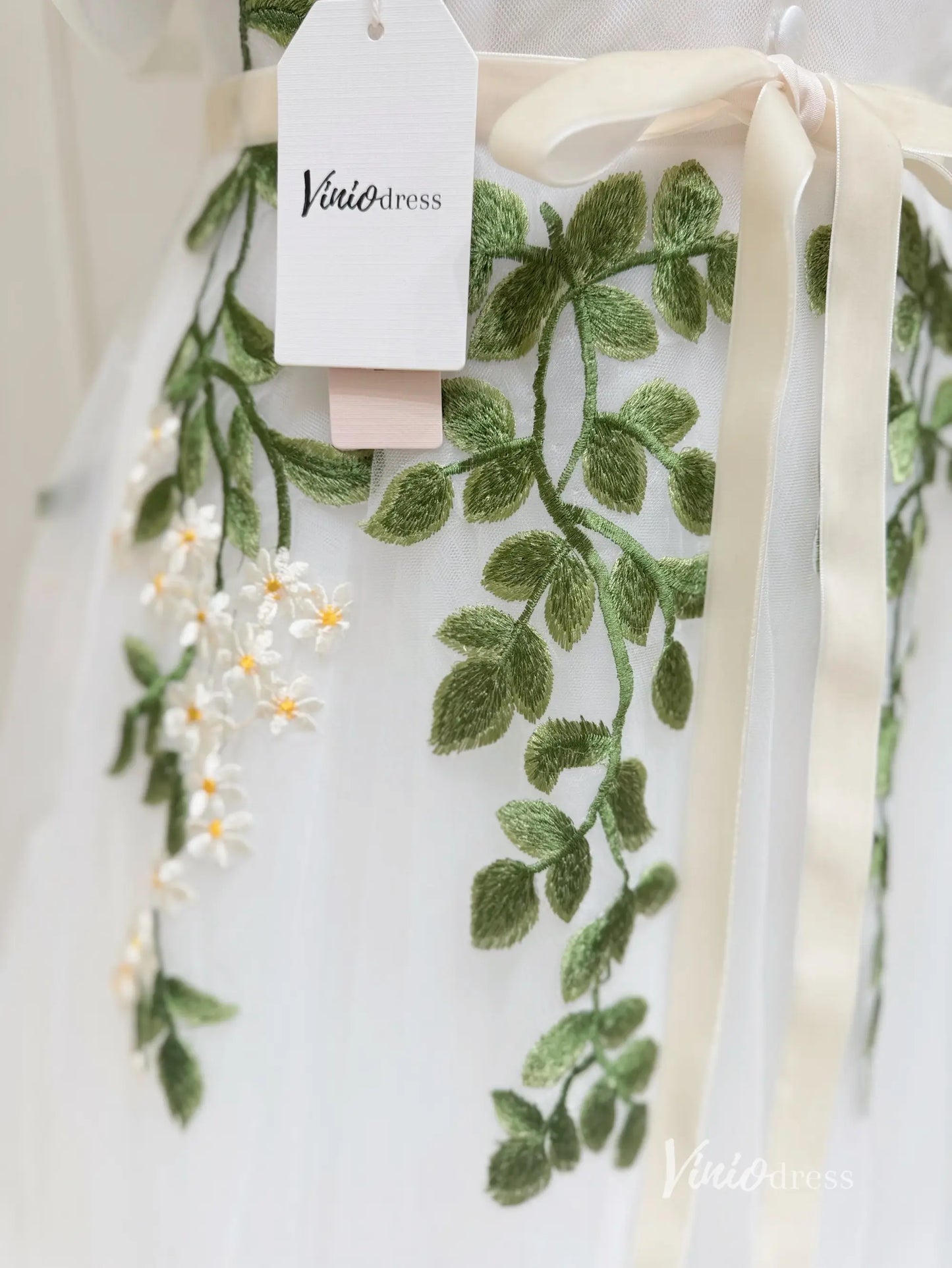 Off the Shoulder Midi Prom Dress Green Leaf Appliqued Prom Tea Length Dress FD1734-prom dresses 2025 -Viniodress-Ivory-Custom Size-