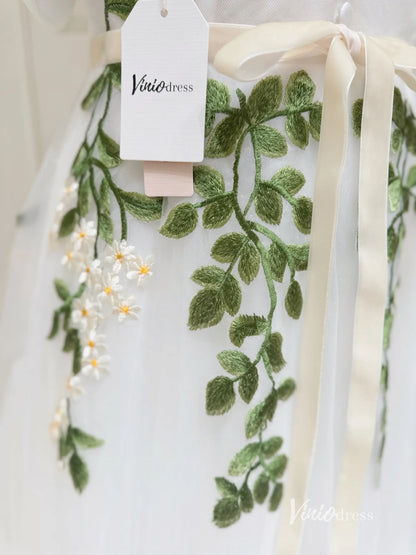 Off the Shoulder Midi Prom Dress Green Leaf Appliqued Prom Tea Length Dress FD1734-prom dresses 2025 -Viniodress-Ivory-Custom Size-