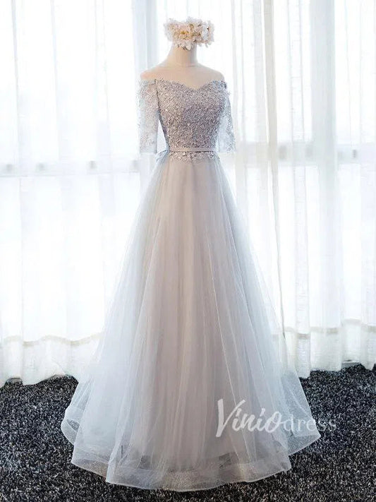 Off the Shoulder Mother of the Bride Dress with Sleeves FD1325-formal dresses 2025 -Viniodress-Silver-Custom Size-