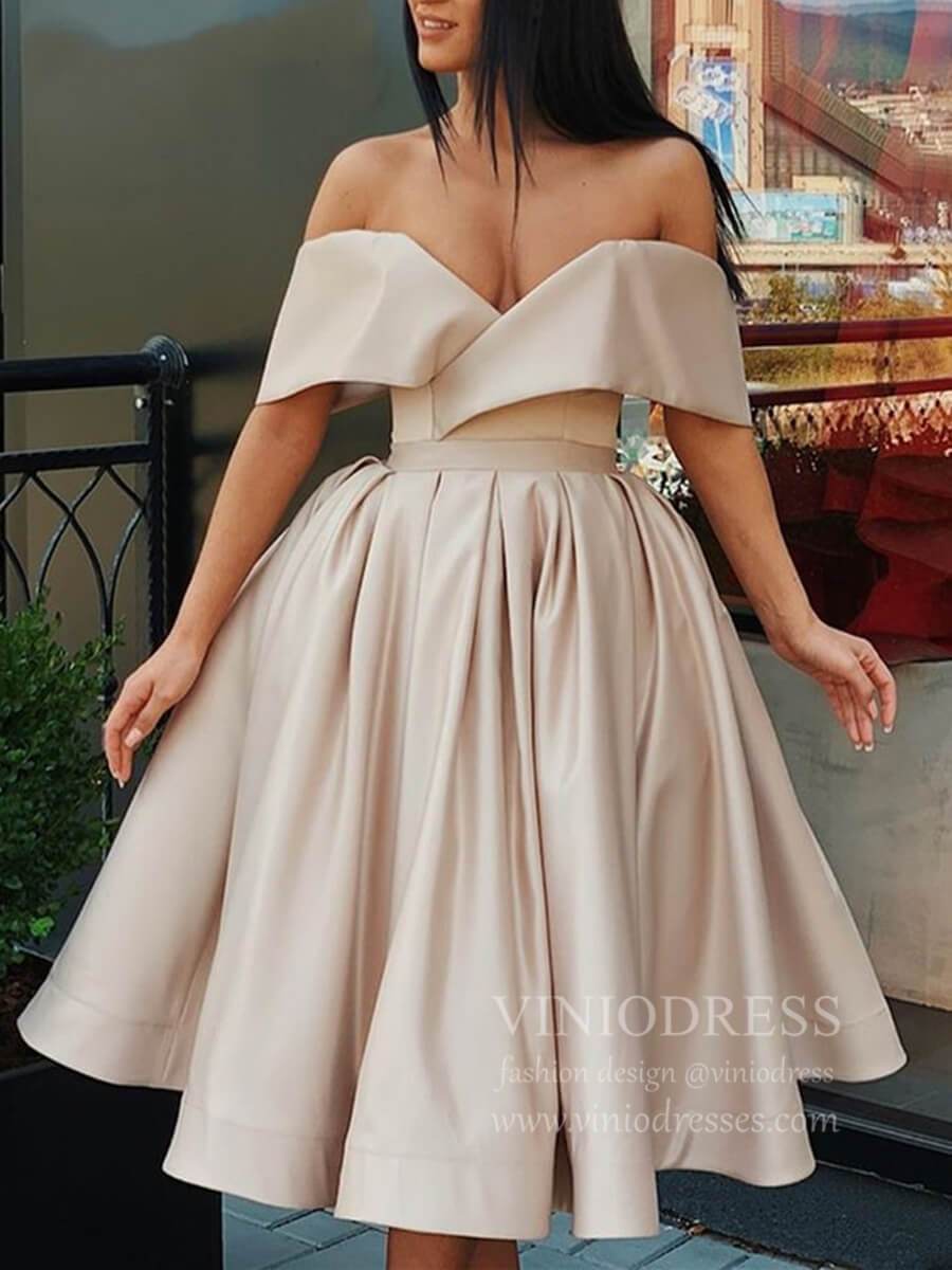 Off the Shoulder Nude Tea Length Prom Dresses with Pockets SD1288-Homecoming Dresses 2025 -Viniodress-Nude-Custom Size-