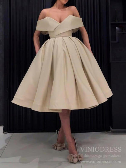 Off the Shoulder Nude Tea Length Prom Dresses with Pockets SD1288-Homecoming Dresses 2025 -Viniodress-Nude-Custom Size-