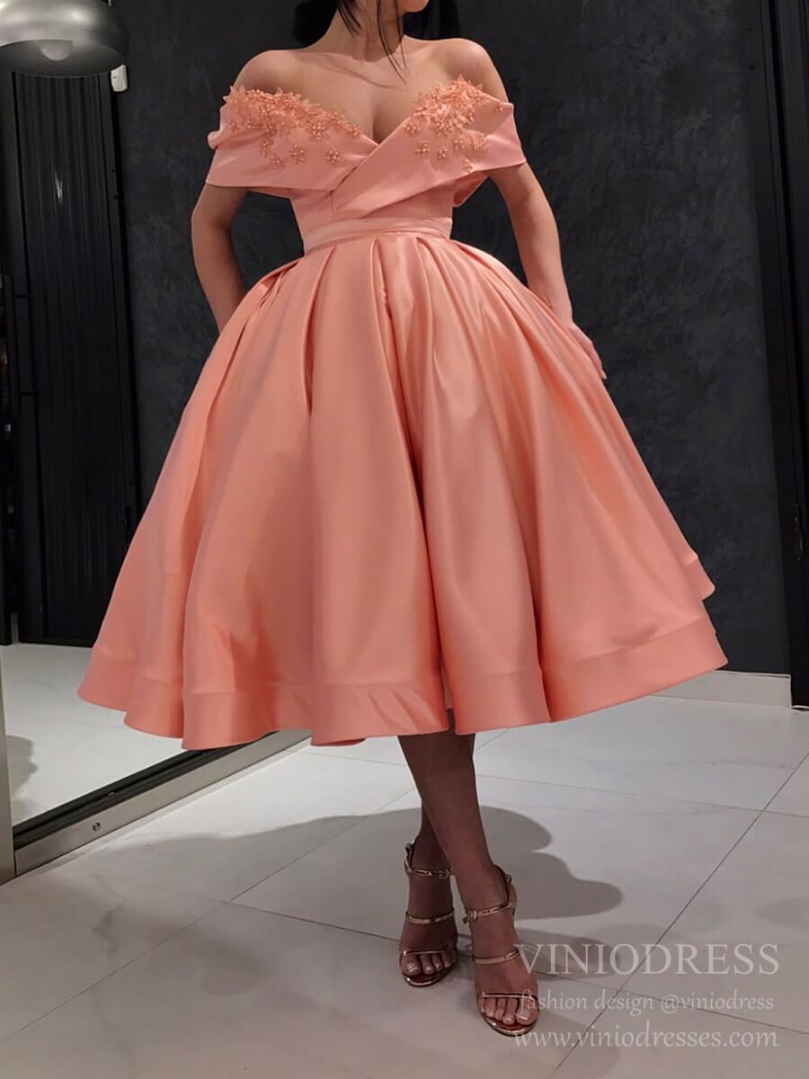 Off the Shoulder Peach Midi Length Prom Dresses with Pockets SD1288B-Homecoming Dresses 2025 -Viniodress-Peach-Custom Size-