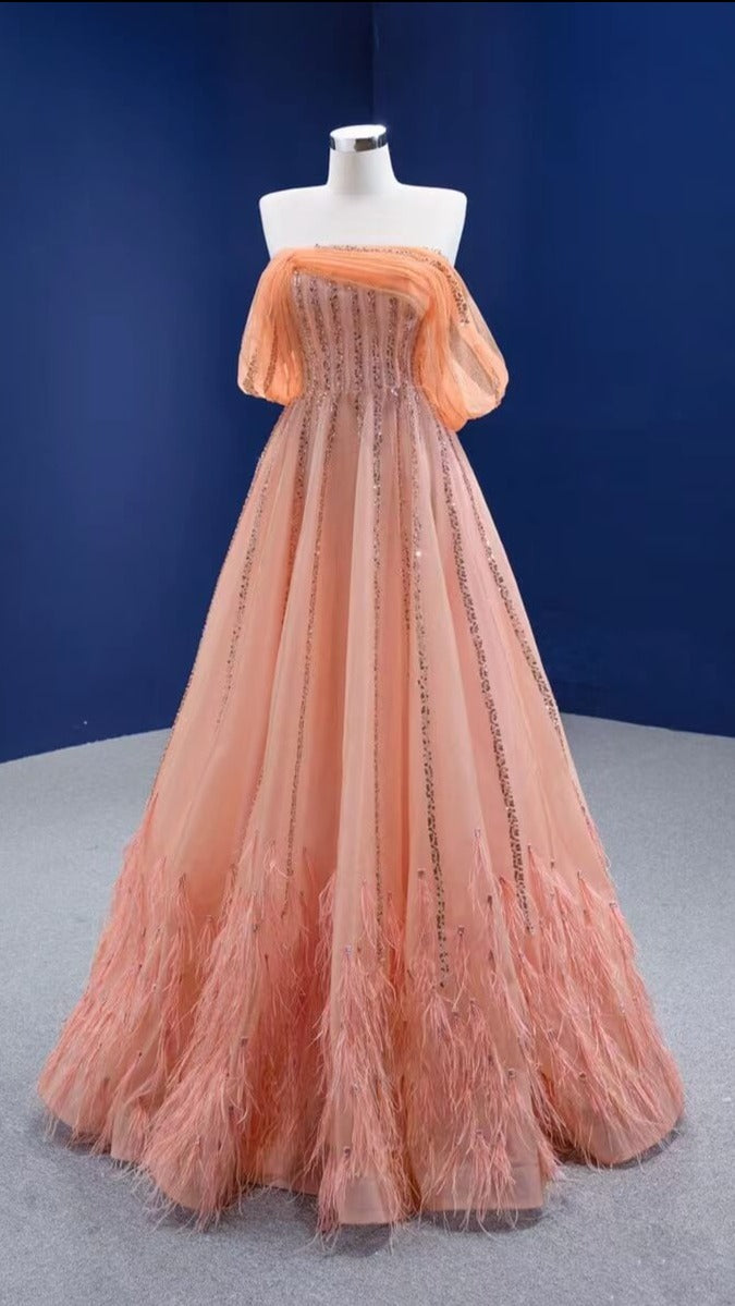 Off the Shoulder Peach Prom Dress 2022 A-line 67393 viniodress-prom dresses 2025 -Viniodress-Peach-Custom Size-