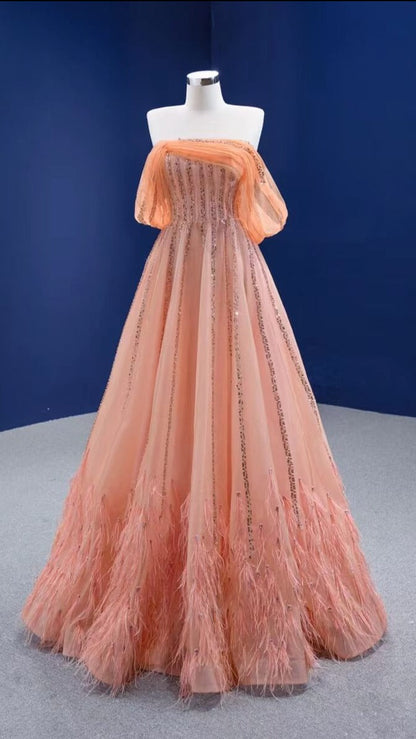 Off the Shoulder Peach Prom Dress 2022 A-line 67393 viniodress-prom dresses 2025 -Viniodress-Peach-Custom Size-