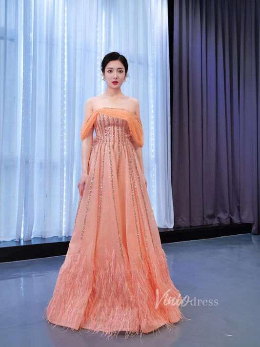 Off the Shoulder Peach Prom Dress 2022 A-line 67393 viniodress-prom dresses 2025 -Viniodress-Peach-Custom Size-