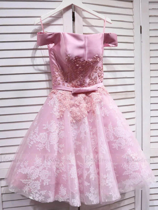 Off the Shoulder Pink Lace Homecoming Dresses 2019 SD1218-Homecoming Dresses 2025 -Viniodress-Pink-Custom Size-