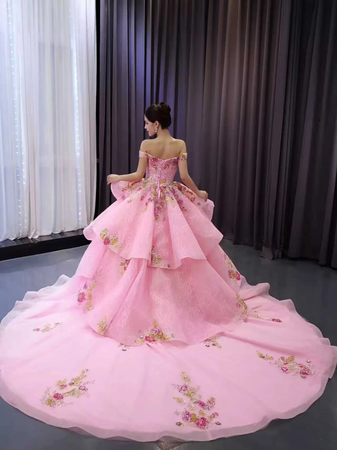 Off-the-Shoulder Pink Lace Quinceañera Ball Gown | Floral Appliqué Corset Dress with 1m Train 251100-Quinceanera Dresses 2026-Viniodress-Pink-Custom Size-