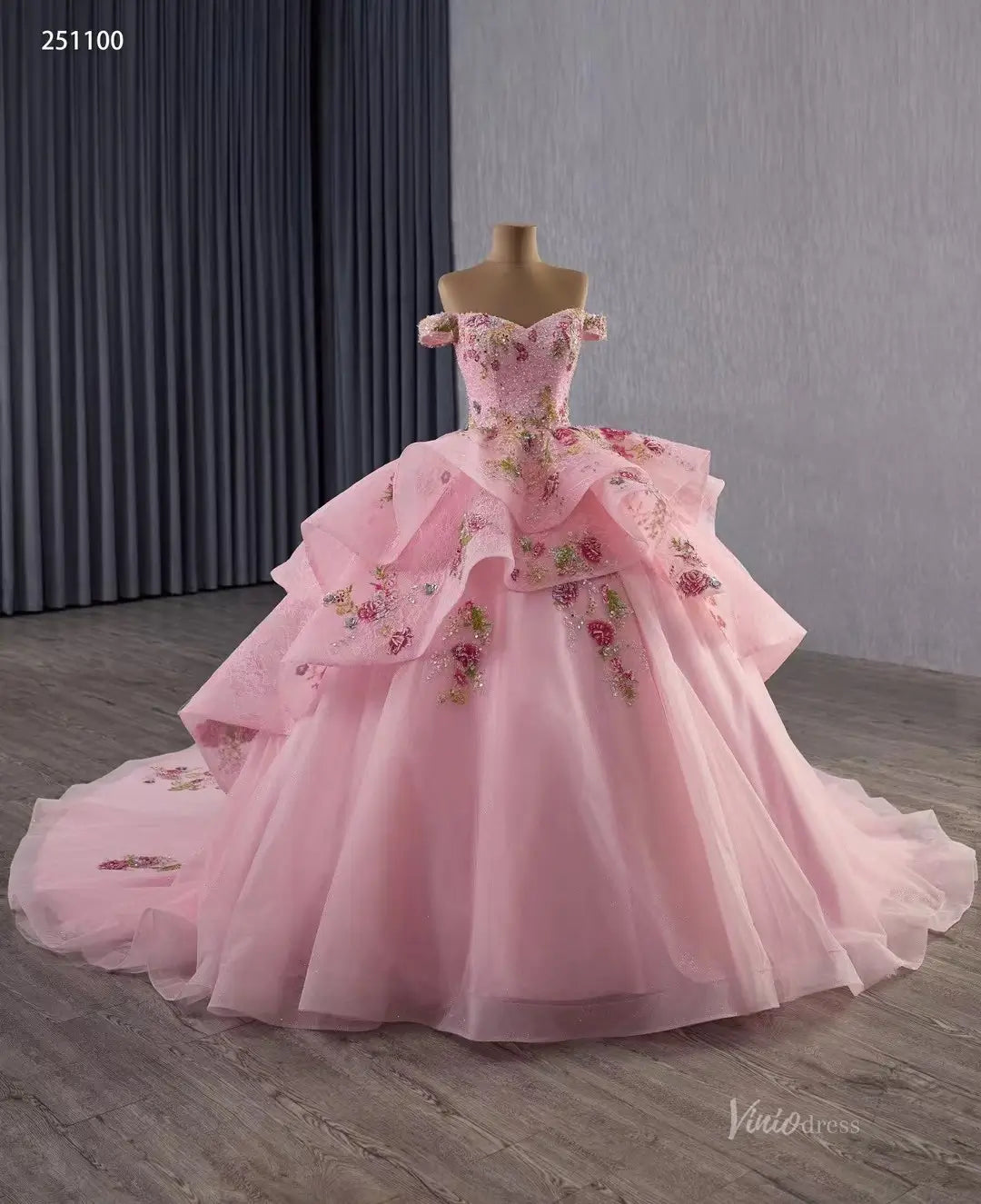 champagne pink quince dress Off-the-Shoulder Pink Lace Quinceañera Ball Gown