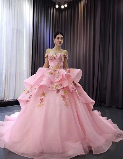 Off-the-Shoulder Pink Lace Quinceañera Ball Gown | Floral Appliqué Corset Dress with 1m Train 251100-Quinceanera Dresses 2026-Viniodress-Pink-Custom Size-