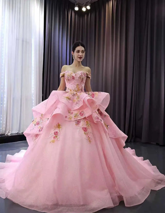 Off-the-Shoulder Pink Lace Quinceañera Ball Gown | Floral Appliqué Corset Dress with 1m Train 251100-Quinceanera Dresses 2026-Viniodress-Pink-Custom Size-