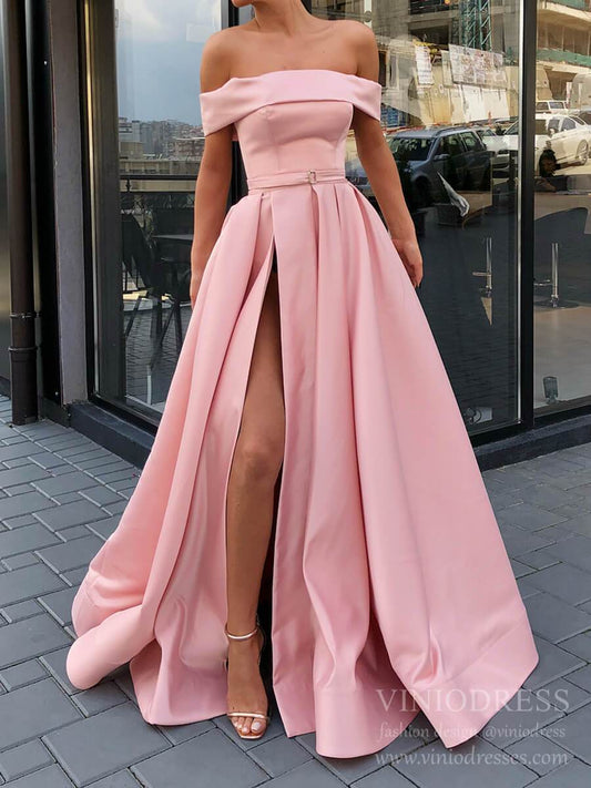 Off the Shoulder Pink Satin Prom Dresses with Belt FD2270-prom dresses 2025 -Viniodress-Pink-Custom Size-