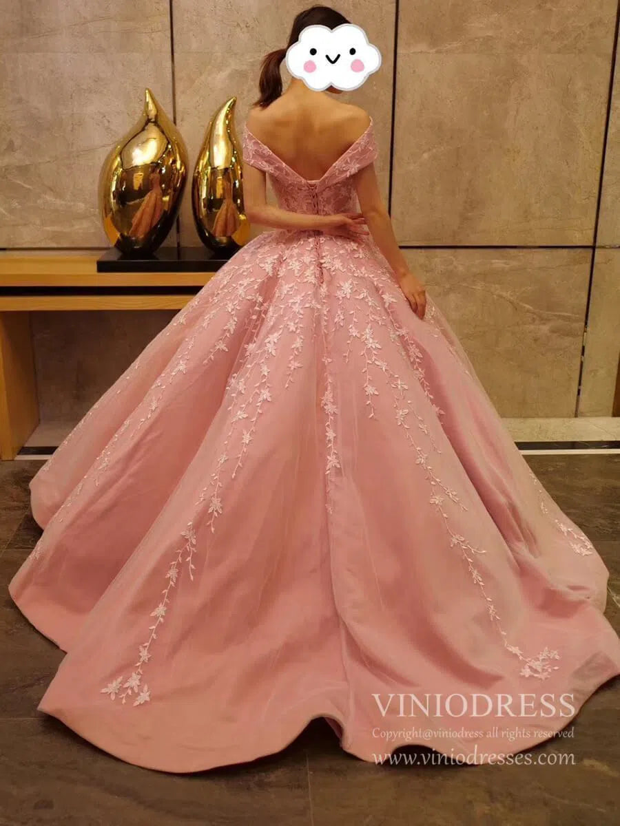 Off the Shoulder Quinceanera Dress Pink Ball Gown Prom Dresses 66590 viniodress-prom dresses 2025 -Viniodress-Pink-Custom Size-
