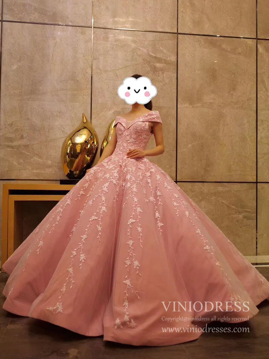 Prom Dress 2025 Off the Shoulder Quinceanera Dress Pink Ball Gown Prom Dresses 66590 viniodress-unique prom dresses-Pink-Custom Size-Viniodress