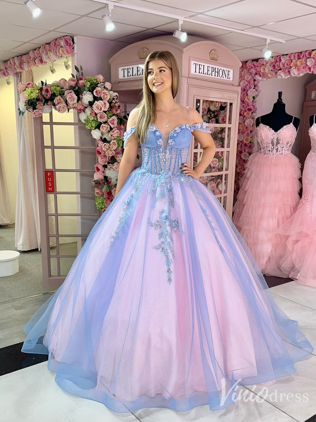 Off the Shoulder Quinceanera Dresses Tulle Princess Ball Gowns – FD6123-prom dresses 2025 -Viniodress-Blue-Custom Size-