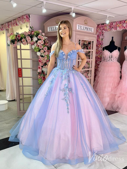 Off the Shoulder Quinceanera Dresses Tulle Princess Ball Gowns – FD6123-prom dresses 2025 -Viniodress-Blue-Custom Size-