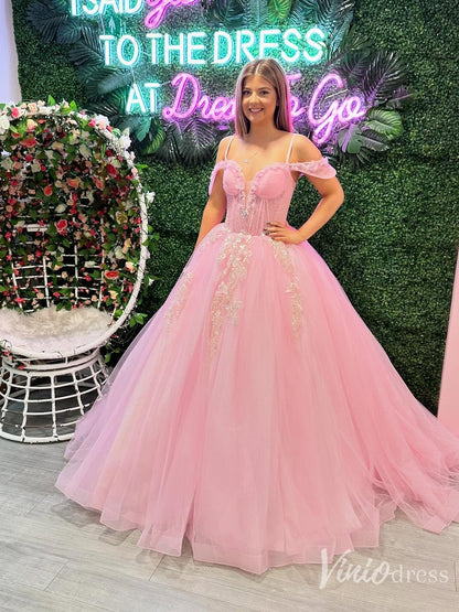 Off the Shoulder Quinceanera Dresses Tulle Princess Ball Gowns – FD6123-prom dresses 2025 -Viniodress-Pink-Custom Size-