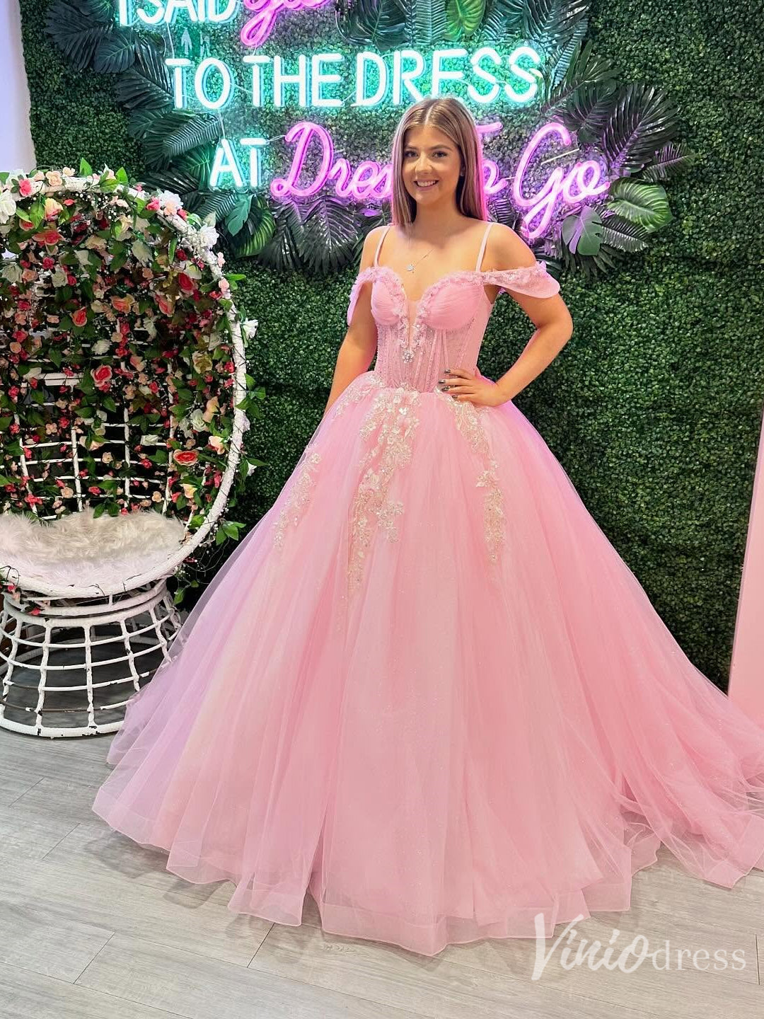 Off the Shoulder Quinceanera Dresses Tulle Princess Ball Gowns – FD6123-prom dresses 2025 -Viniodress-Pink-Custom Size-