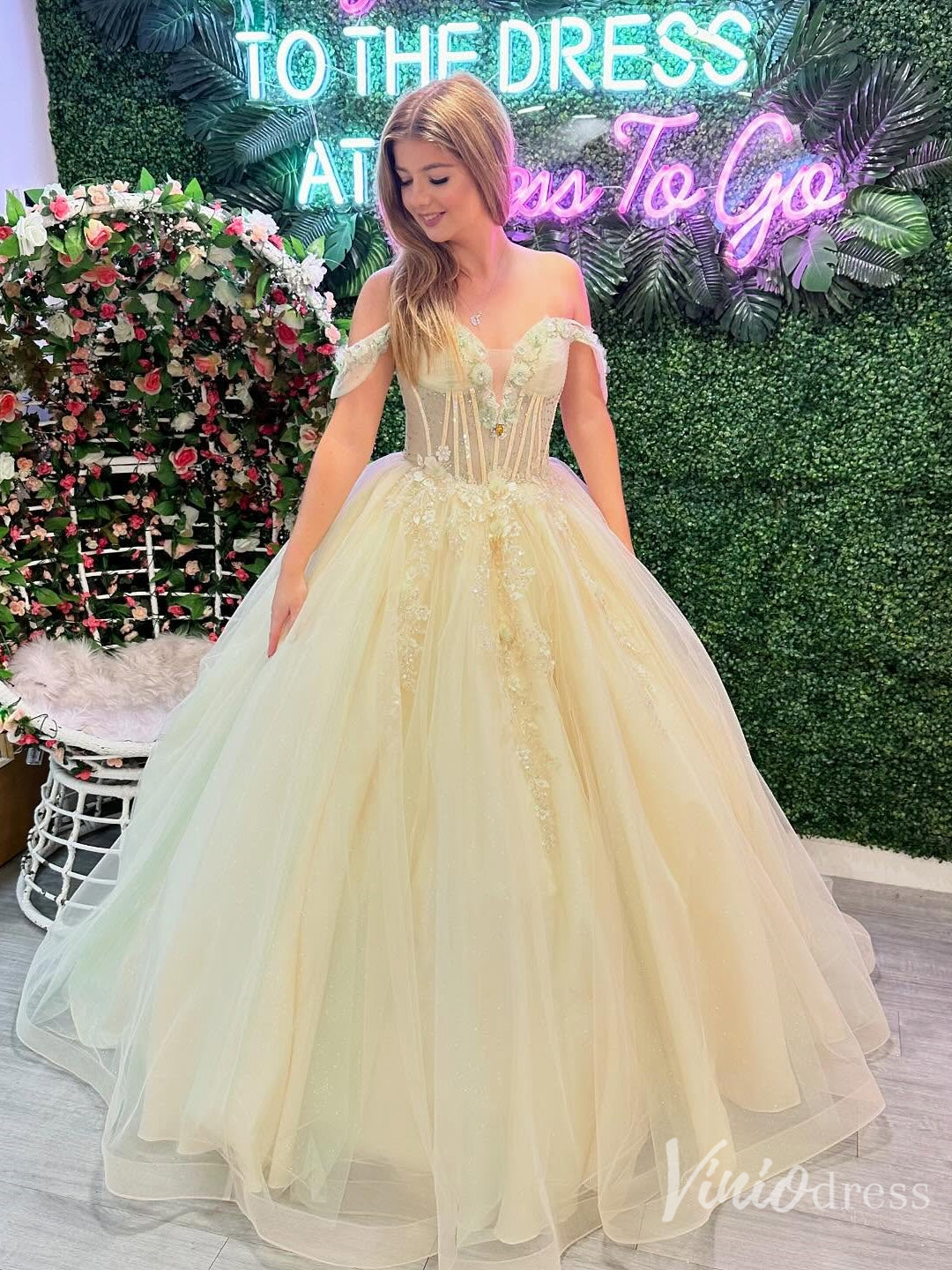 Off the Shoulder Quinceanera Dresses Tulle Princess Ball Gowns – FD6123-prom dresses 2025 -Viniodress-Yellow-Custom Size-