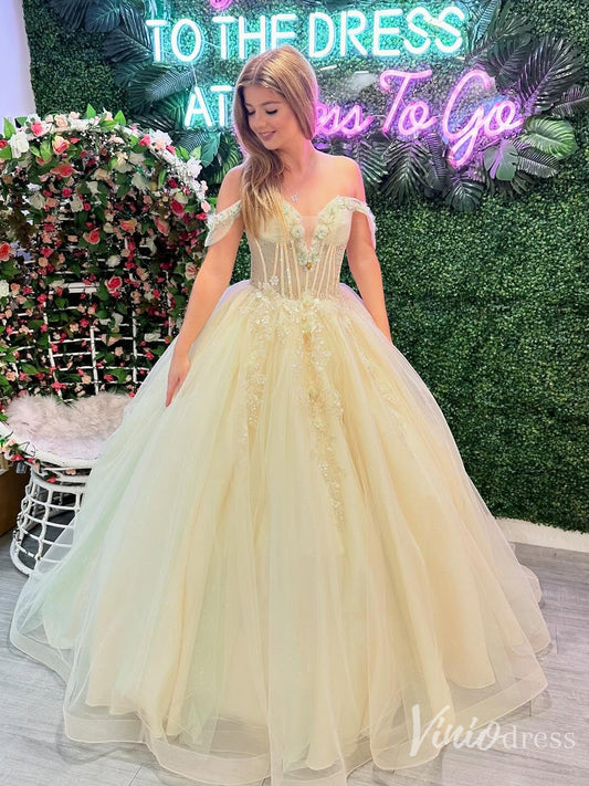 Off the Shoulder Quinceanera Dresses Tulle Princess Ball Gowns – FD6123-prom dresses 2025 -Viniodress-Yellow-Custom Size-