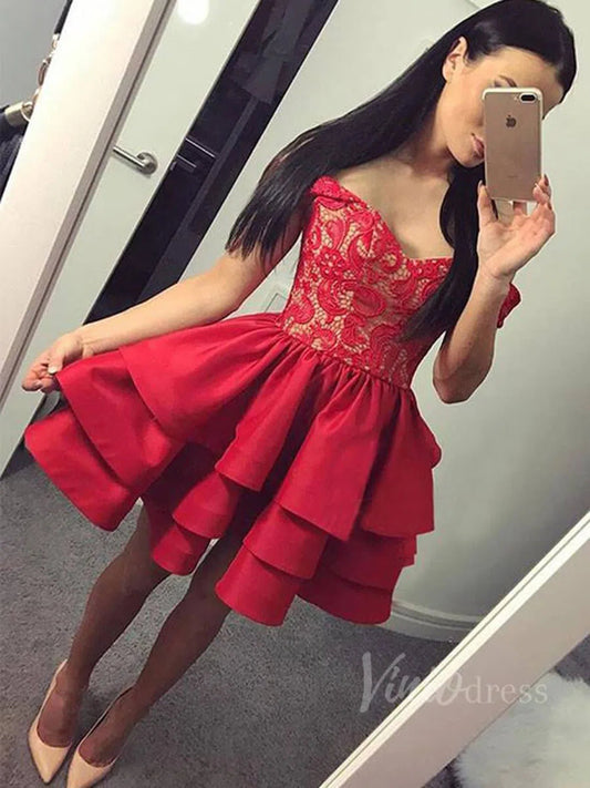 Short Prom Dresses 2025 Cheap Off the Shoulder Red Lace Homecoming Dresses SD1198-homecoming dresses-Viniodress-Red-Custom Size-Viniodress