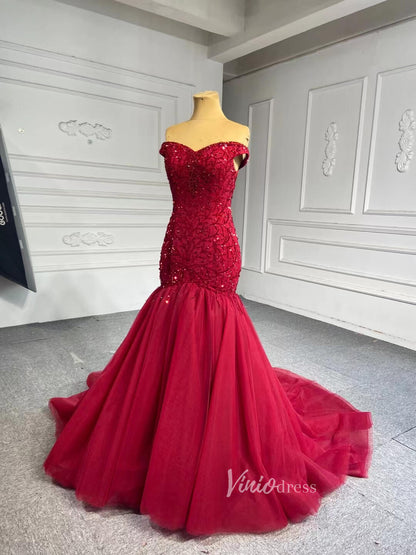 Off the Shoulder Red Mermaid Pageant Gown Beaded Wedding Dresses 67150-wedding dresses 2025 -Viniodress-Red-Custom Size-