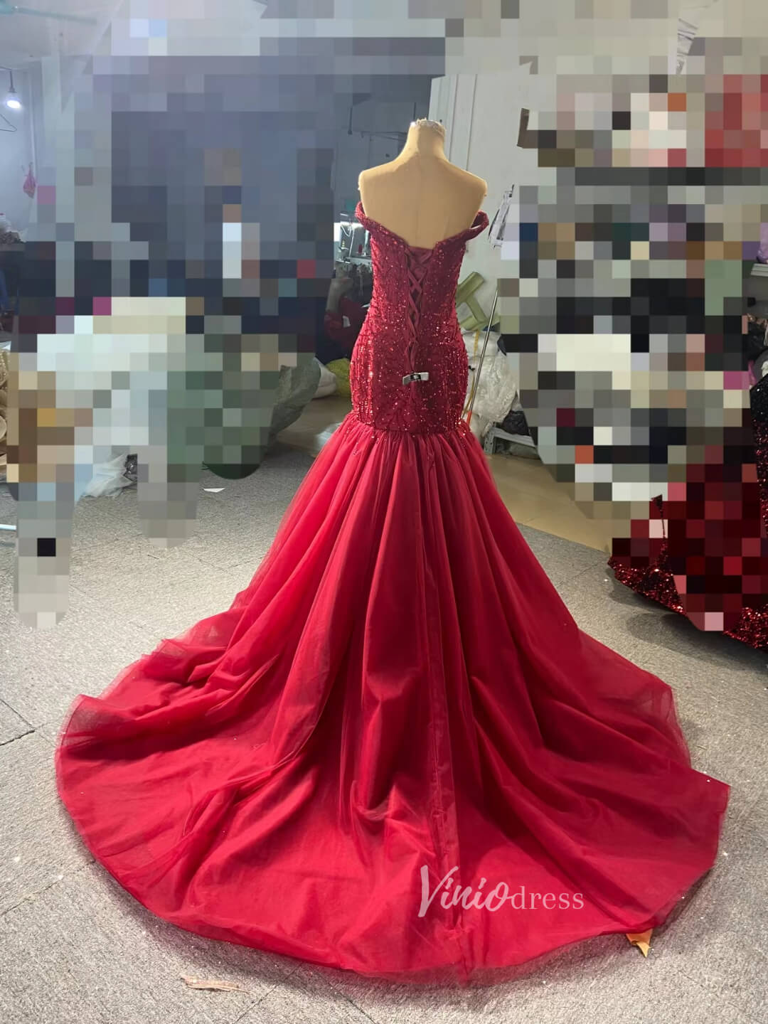 Off the Shoulder Red Mermaid Pageant Gown Beaded Wedding Dresses 67150-wedding dresses 2025 -Viniodress-Red-Custom Size-
