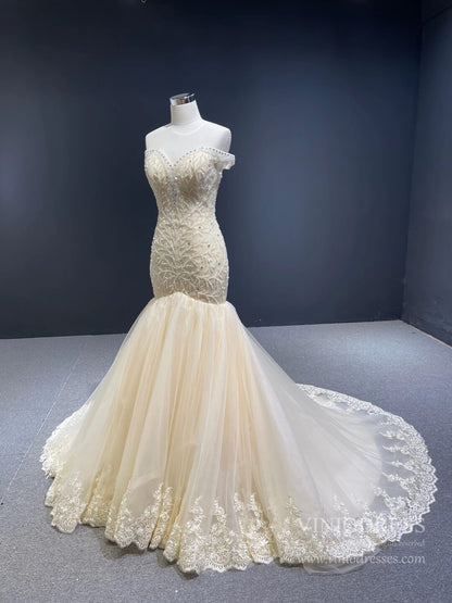 Off the Shoulder Red Mermaid Pageant Gown Beaded Wedding Dresses 67150-wedding dresses 2025 -Viniodress-Champagne-Custom Size-