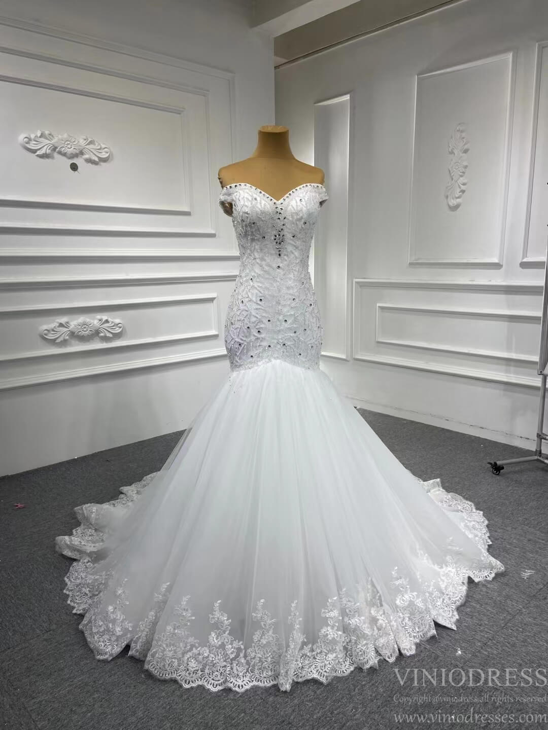 Off the Shoulder Red Mermaid Pageant Gown Beaded Wedding Dresses 67150-wedding dresses 2025 -Viniodress-Ivory-Custom Size-