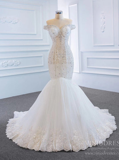 Off the Shoulder Red Mermaid Pageant Gown Beaded Wedding Dresses 67150-wedding dresses 2025 -Viniodress-Red-Custom Size-