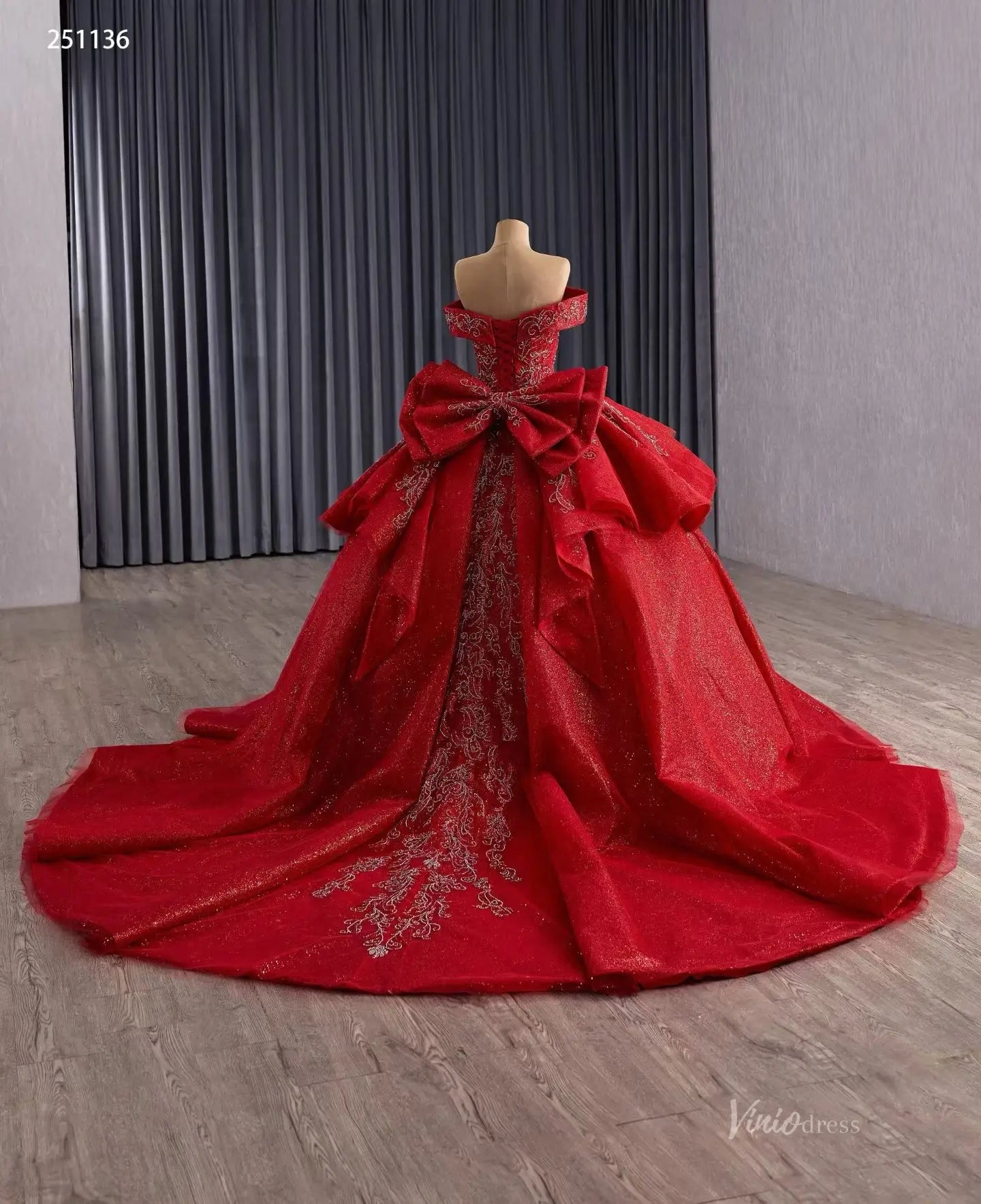 Off-the-Shoulder Red Quinceañera Dress | Ball Gown with Back Bow, Corset Back & 1m Train 251136-Quinceanera Dresses 2025 -Viniodress-Red-Custom Size-