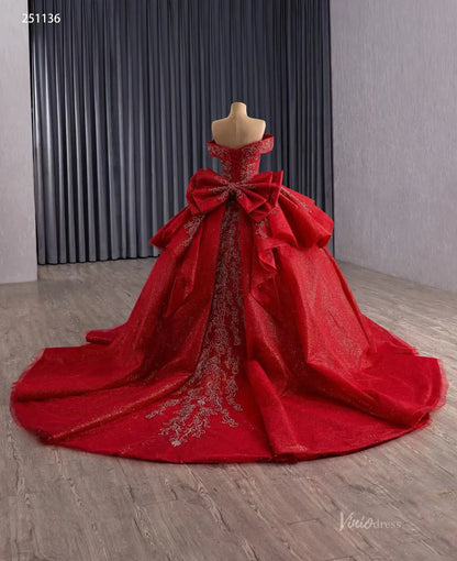 Off-the-Shoulder Red Quinceañera Dress | Ball Gown with Back Bow, Corset Back & 1m Train 251136-Quinceanera Dresses 2025 -Viniodress-Red-Custom Size-