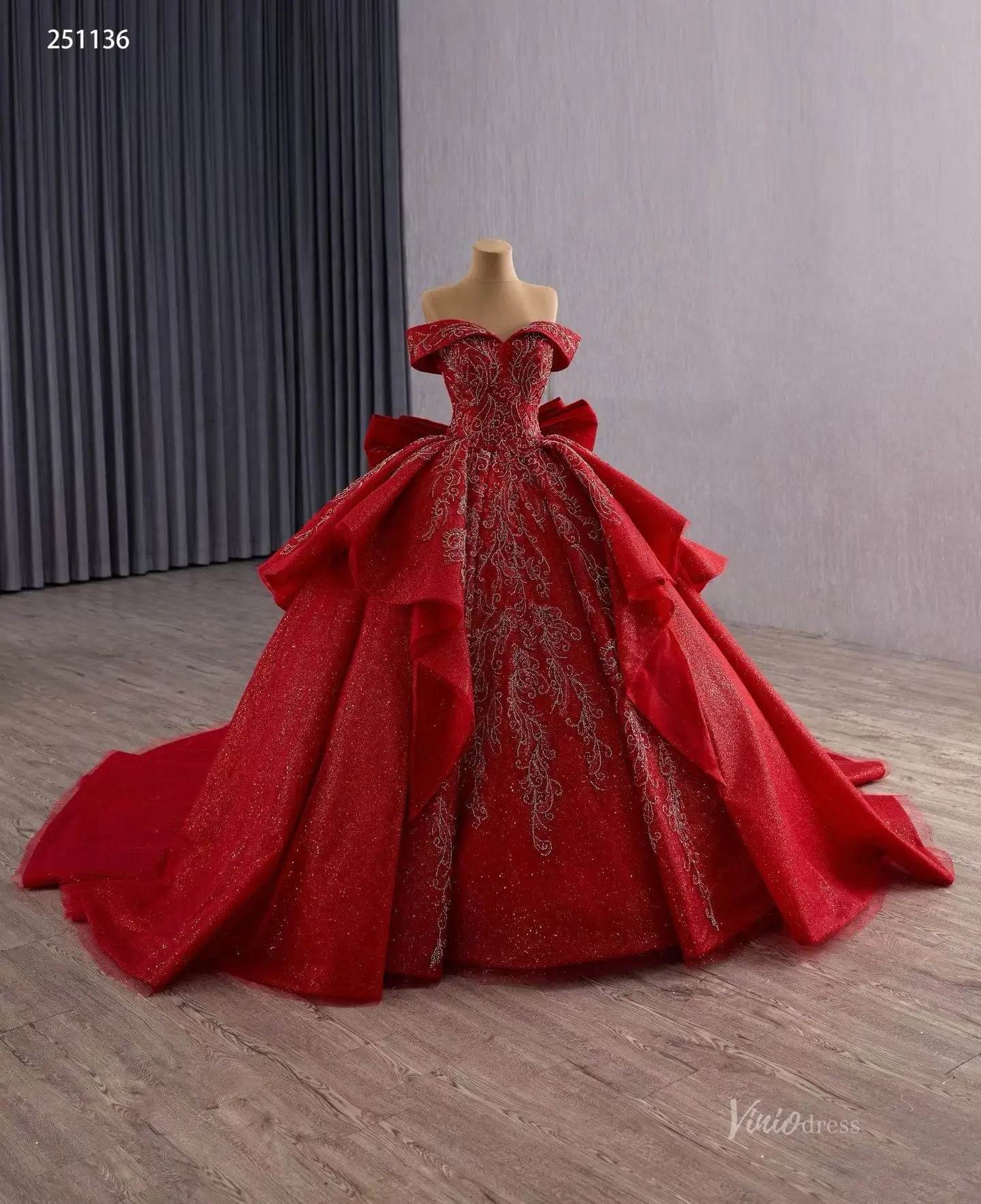 Off-the-Shoulder Red Quinceañera Dress | Ball Gown with Back Bow, Corset Back & 1m Train 251136-Quinceanera Dresses 2025 -Viniodress-Red-Custom Size-